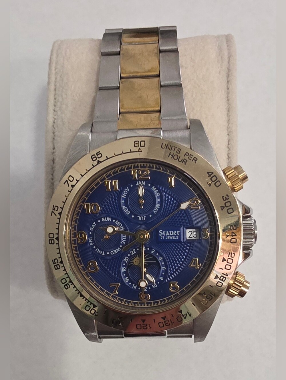 Stauer Automatic 27Jewels Men’s Watch Blue Dial Two-Tone Day Date Sun Moon WORKS